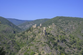 View of the hilltop castles Châteaux de Lastours, Lastours, Département Aude, France from the