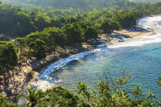 Castelhanos Beach seen from above on Ilhabela Island on the coast of Sao Paulo, Ilhabela, Sao