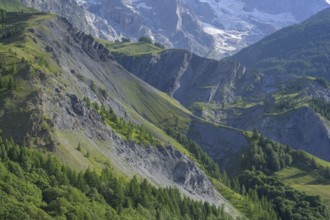 Glacier of the Meije Group and eroded mountain slopes, La Grave, Département Hautes-Alpes, France,