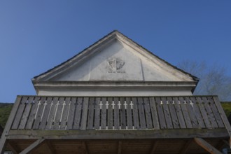 Owner's coat of arms in the gable of Gut Othenstorf, built in 1922, Mecklenburg-Vorpommern,