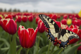 Butterfly flying in front of red tulip spring flowers. Generative Ai, AI generated