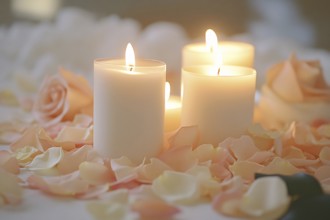 Three burning candles surrounded by rose flower petals on romantic Valentine's day table.