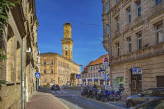 Hirschenstraße with a view of the town hall in Fürth, Bavaria, Germany, Europe