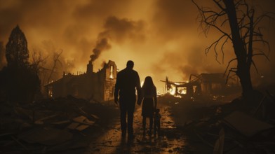 Young family standing stunned gazing at the fire ruins of their home. generative AI, AI generated