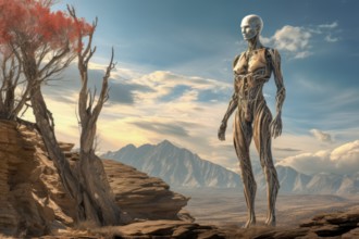 Humanoid in a strange loneliness environment, AI generated