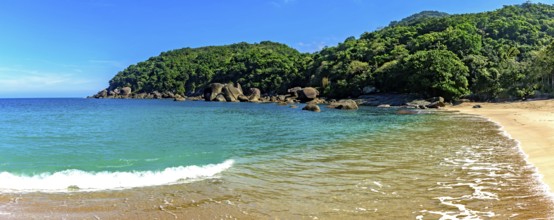 The sea and forest of Indaiauba beach on the island of Ilhabela on the coast of the state of Sao