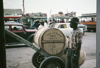 Bues and cars at the harbour, wooden barrels of codfish in foreground, Castries, St Lucia, West