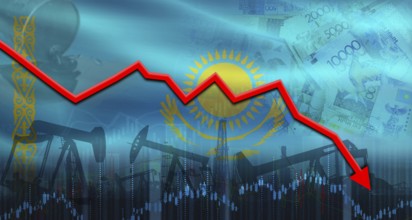 Fall oil price with flag of Kazakhstan on economic chart. Petrol crisis with Kazakhstan flag on