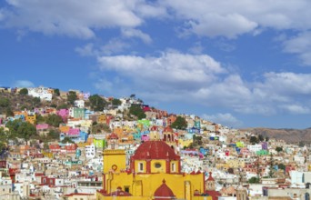 Scenic cobbled streets and traditional colorful colonial architecture in Guanajuato historic city