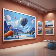 Art gallery with canvas and plastics in a 3D illustration, AI generated