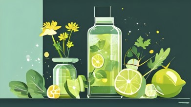 Abstract wallpaper composition with bottle of delicious green detox juice and fruits and