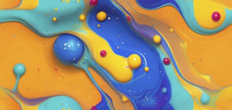 Abstract wallpaper with colorful turquoise and yellow blobs and liquid shapes on a orange