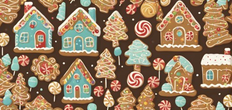 Abstract wallpaper illustration of of gingerbread house decoration, AI generated