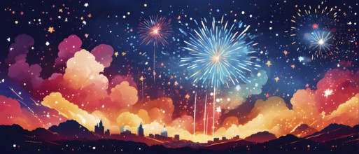 Wallpaper illustration of an explosion of vibrant fireworks colors in a night sky, symbol for happy