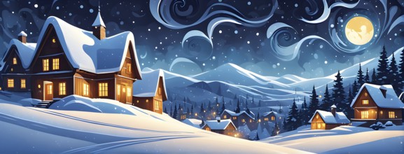 Cozy winter night scene with abstract forms representing a snow-covered village, AI generated