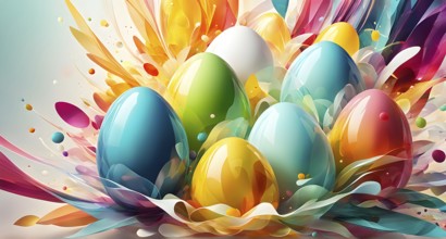 Easter-inspired abstract artwork with layered, translucent egg shapes overlapping with bursts of