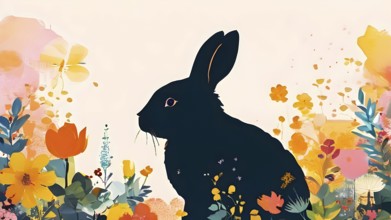 Abstract illustration of a bunny silhouette filled with a collage of spring flowers and vivid