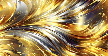 Abstract Illustration of energetic and dynamic swirl of gold, silver, and deep orange hues,