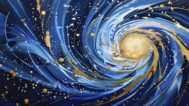 Abstract Illustration of energetic and dynamic swirl of gold, silver, and deep blue hues,