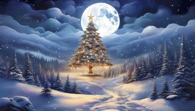 Illustration of a Christmas tree in a snowy landscape on a starry night with a full moon,