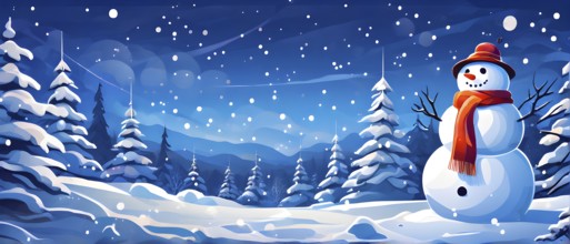 Abstract illustration of a snowman in an idyllic snowy winter landscape, hills and mountains and