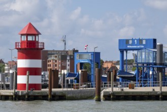 Ferry pier, lighthouse, harbour, Wyk, Föhr, North Sea island, North Frisia, Schleswig-Holstein,