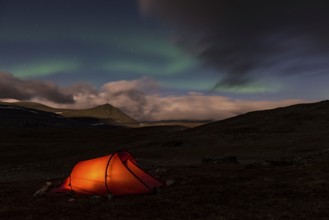 Tent in mountain landscape, Sarek National Park, World Heritage Laponia, Norrbotten, Lapland,