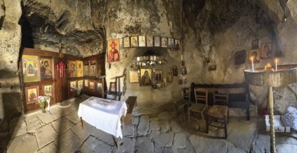 Interior of the small orthodox rock church of Panagia in Matala, Matala, Crete, Greece, Europe