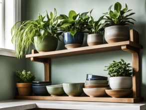 A sunlit kitchen corner, with a rustic wooden shelf holding neatly arranged ceramic bowls and a