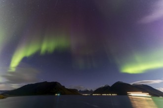 Northern Lights, (Aurora borealis) at a fjord near Skjiervoya, September 2024, Lapland, Finnmark,