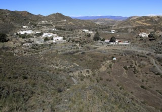 Landscape and small village Rambla Honda, in Sierra Alhamilla mountains, near Nijar, Almeria,