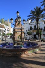 Fountain and palm trees in Plaza de Espana, Vejer de la Frontera, Cadiz Province, Spain, Europe