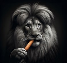 A vegetarian maned lion nibbles a carrot, AI generated, AI generated