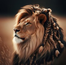 A maned lion with rasta braids as a hairstyle, AI generated, AI generated