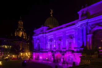 Building of the new Saxon Art Association on Georg Treu Platz, illuminated in colour. With Church