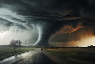 Disaster catastrophe storm concept, tornado in a field in the USA with car on road driving towards