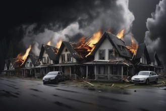 A car is in front of a destroyed by disaster house that is on fire, AI generated