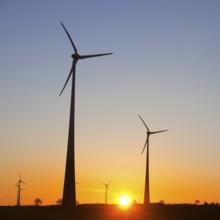 Wind turbines at sunrise, Wevelsburg wind farm, Büren, Paderborn plateau, North Rhine-Westphalia,