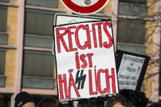 Slogans against right-wing extremism on cardboard boxes, demonstration against right-wing