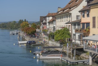 Waterfront promenade with jetties, restaurant, Stein am Rhein, Canton Schaffhausen, Switzerland,