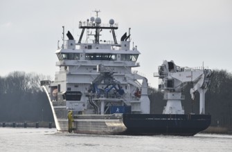 Offshore wind farm supply ship Deep Cygnus in the Kiel Canal, Schleswig-Holstein, Germany, Europe