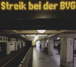 The announcement of a BVG strike is displayed on a display board at Rüdesheimer Platz underground