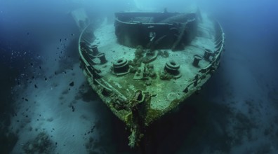 A shipwreck is seen in the ocean deep underwater, AI generated