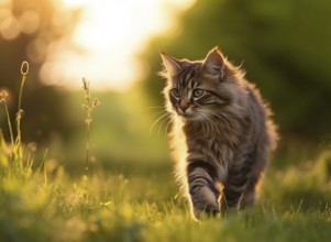 Adorable, striped playful cat walking in the filed, AI generated