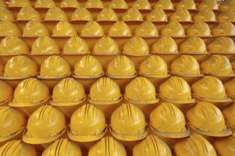 Pyramid with yellow safety helmets, ore hall UNESCO Völklingen Ironworks, working clothes, helmets,