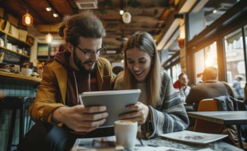 Young Caucasian couple in cafe working with tablets to browse internet, AI generated