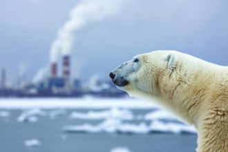 Climate change, global warming and environmental pollution. Polar bear animal extinction, AI