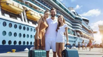 A family of four is posing for a picture in front of a cruise ship before going on vacation. They