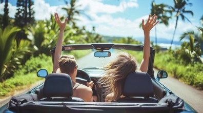 Couple enjoying vacation in rental car. Scenic ocean drive in Caribbean in convertible vehicle, AI