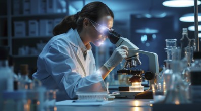 Scientist in lab medicine research looking into microscope to identify viruses and blood samples,